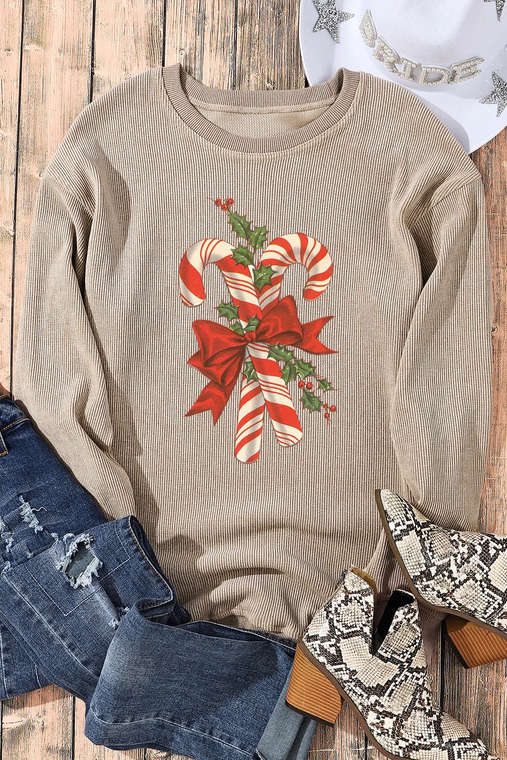 Christmas Bow Cane Ribbed Crew Neck Pullover Sweatshirt