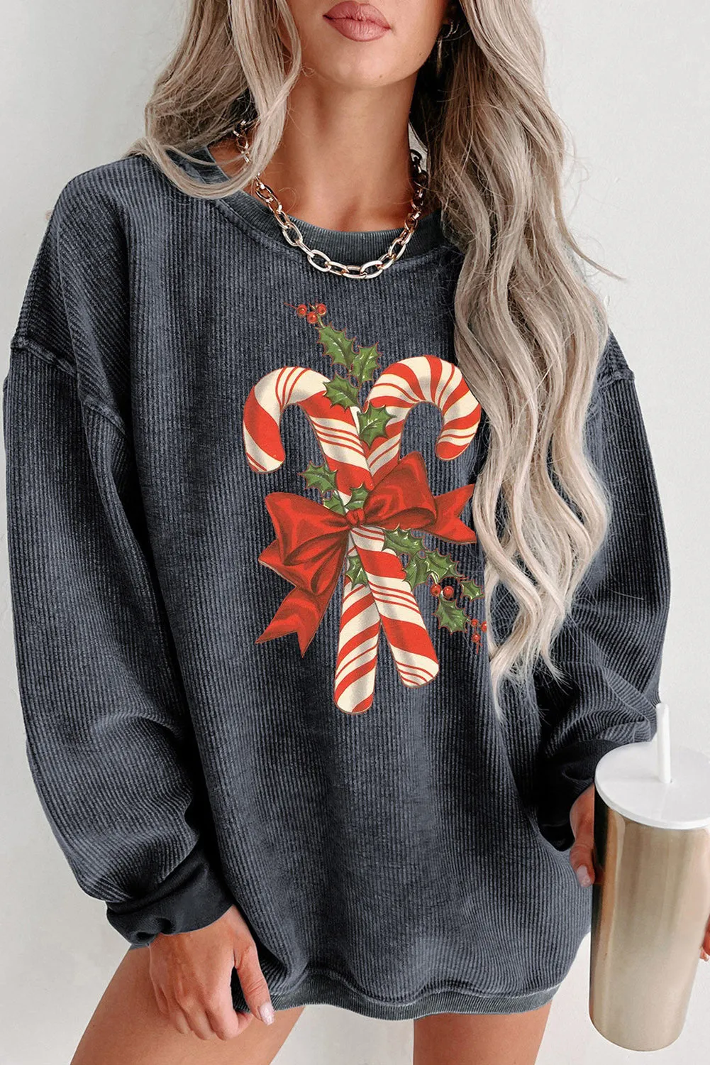 Christmas Bow Cane Ribbed Crew Neck Pullover Sweatshirt