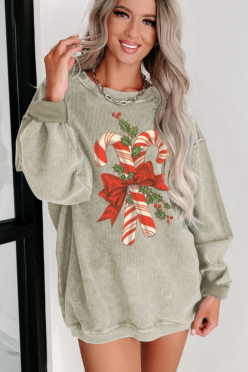 Christmas Bow Cane Ribbed Crew Neck Pullover Sweatshirt