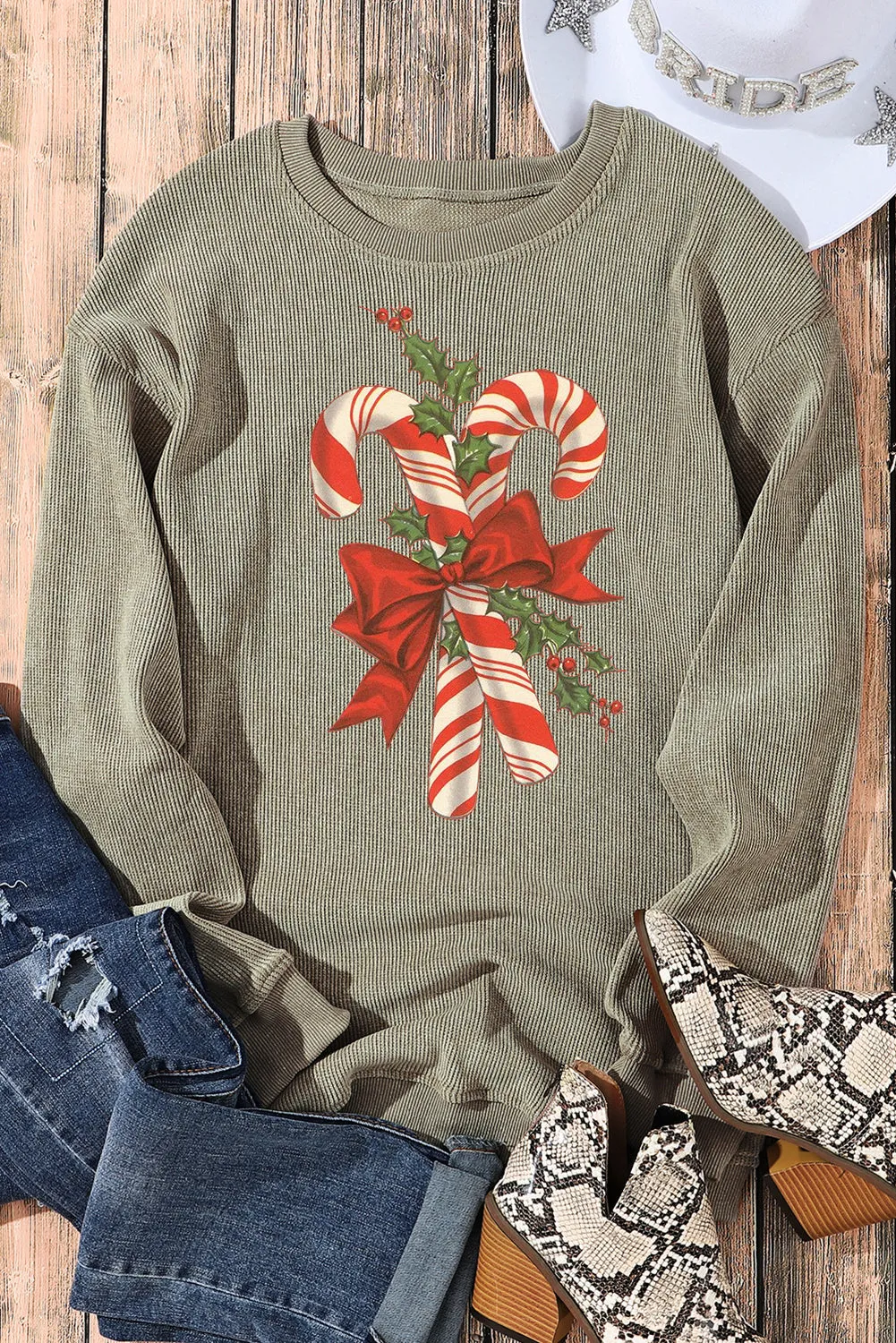 Christmas Bow Cane Ribbed Crew Neck Pullover Sweatshirt