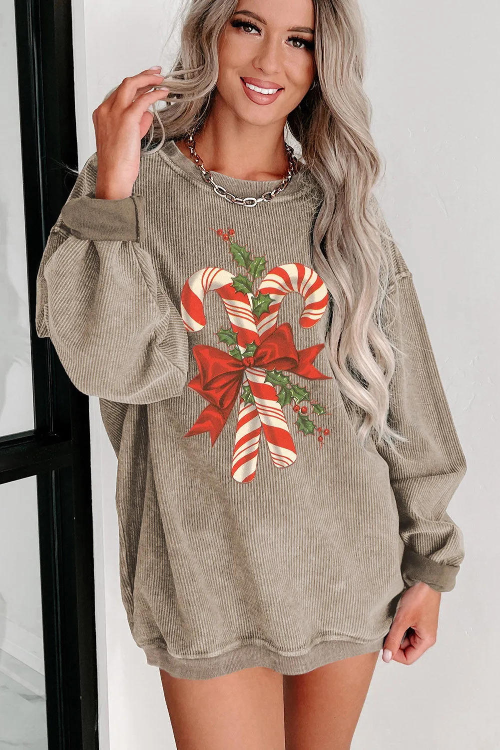 Christmas Bow Cane Ribbed Crew Neck Pullover Sweatshirt