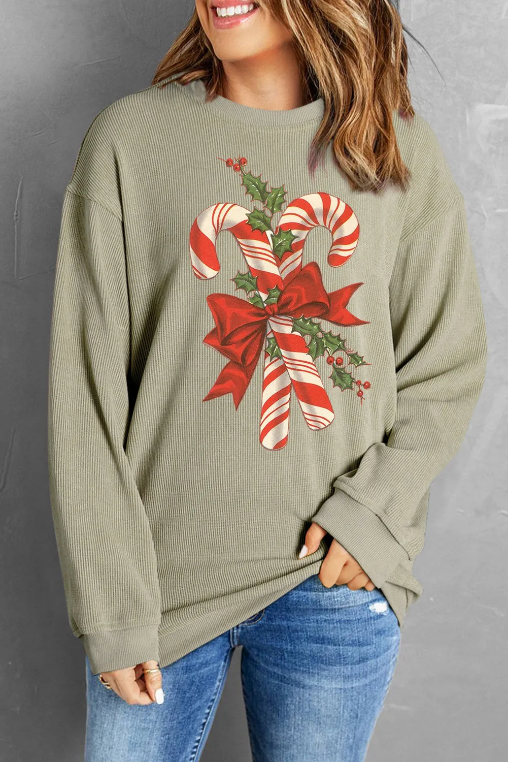 Christmas Bow Cane Ribbed Crew Neck Pullover Sweatshirt