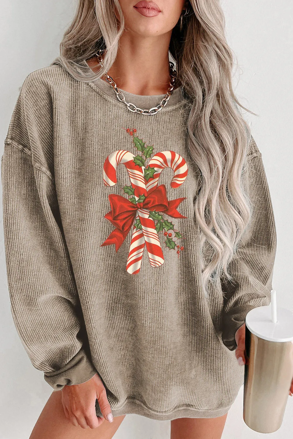 Christmas Bow Cane Ribbed Crew Neck Pullover Sweatshirt