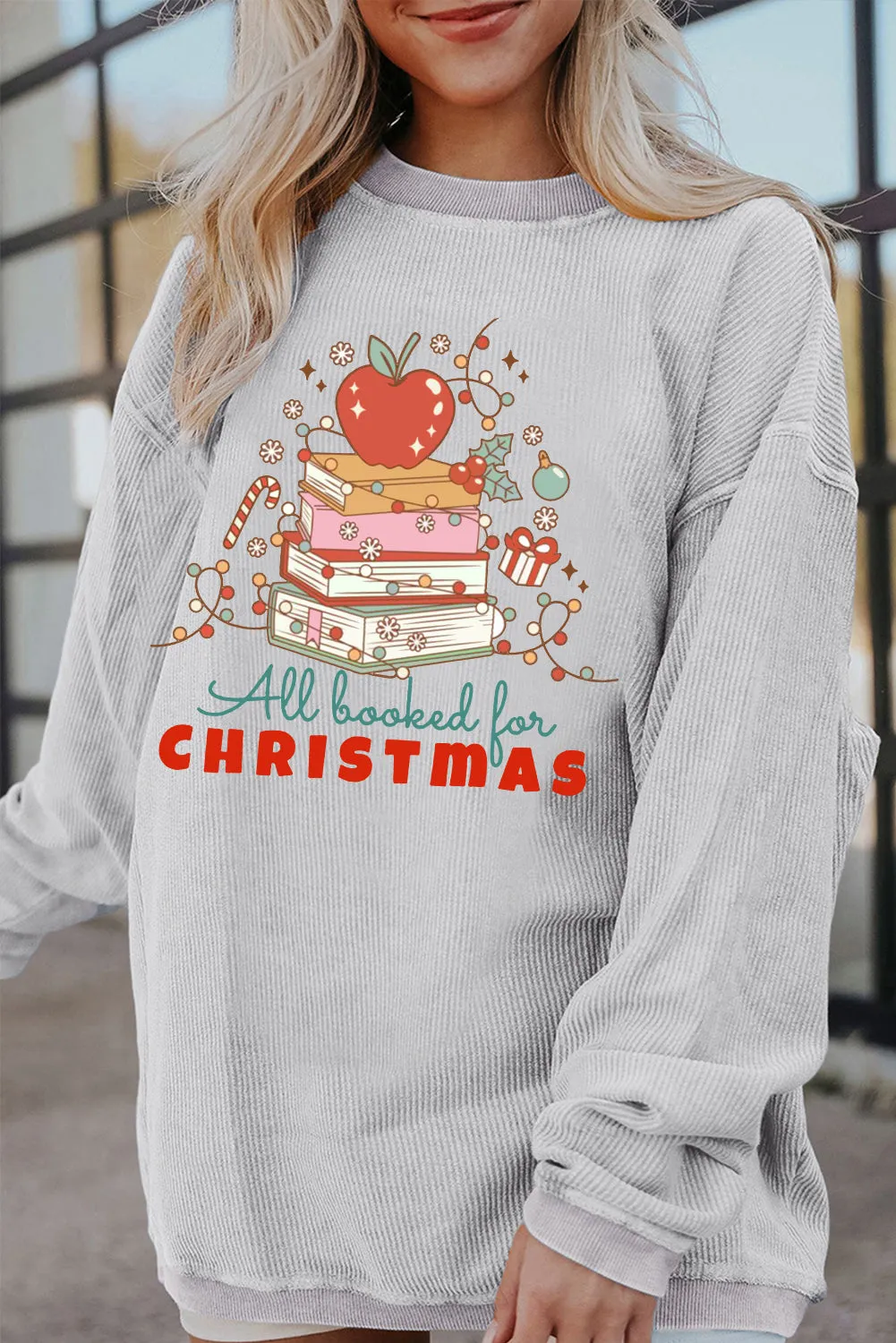 Christmas Crew Neck Apple Gift Pattern Pullover Sweatshirt