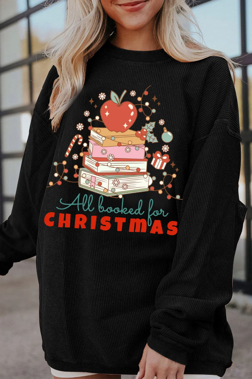 Christmas Crew Neck Apple Gift Pattern Pullover Sweatshirt