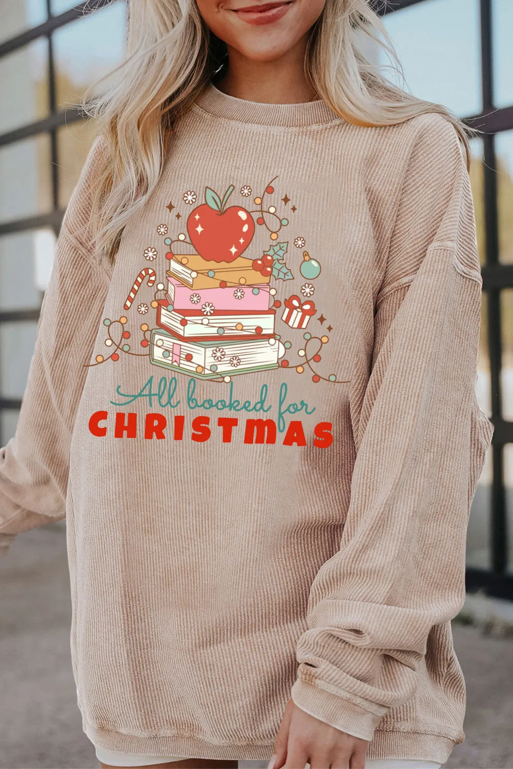 Christmas Crew Neck Apple Gift Pattern Pullover Sweatshirt