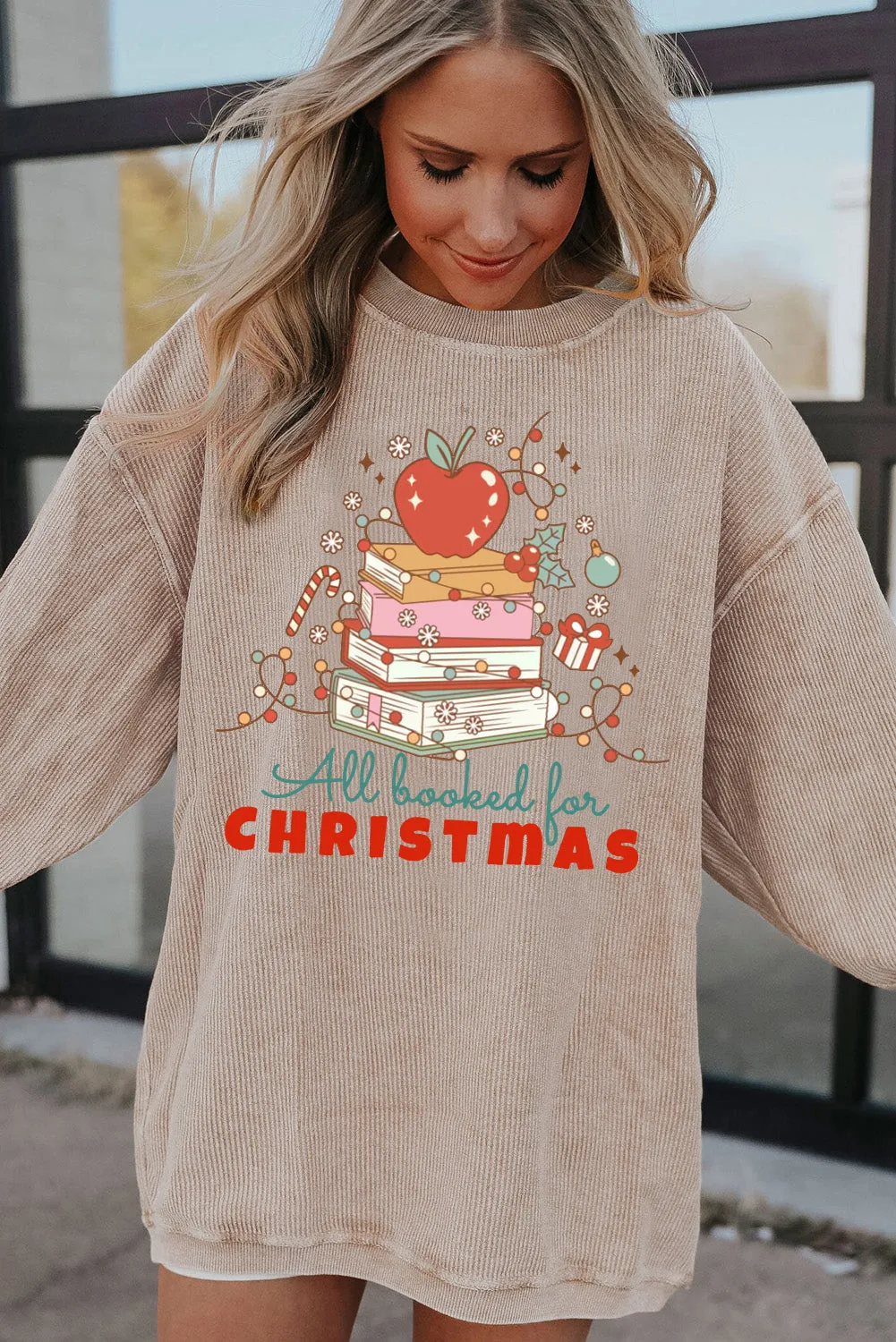 Christmas Crew Neck Apple Gift Pattern Pullover Sweatshirt