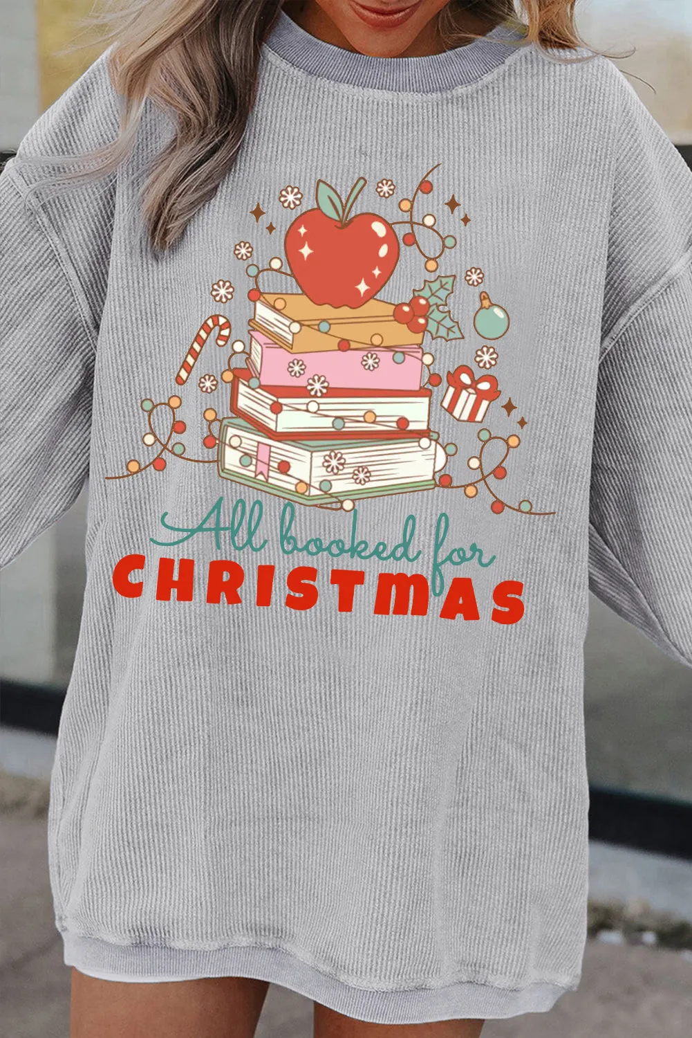 Christmas Crew Neck Apple Gift Pattern Pullover Sweatshirt