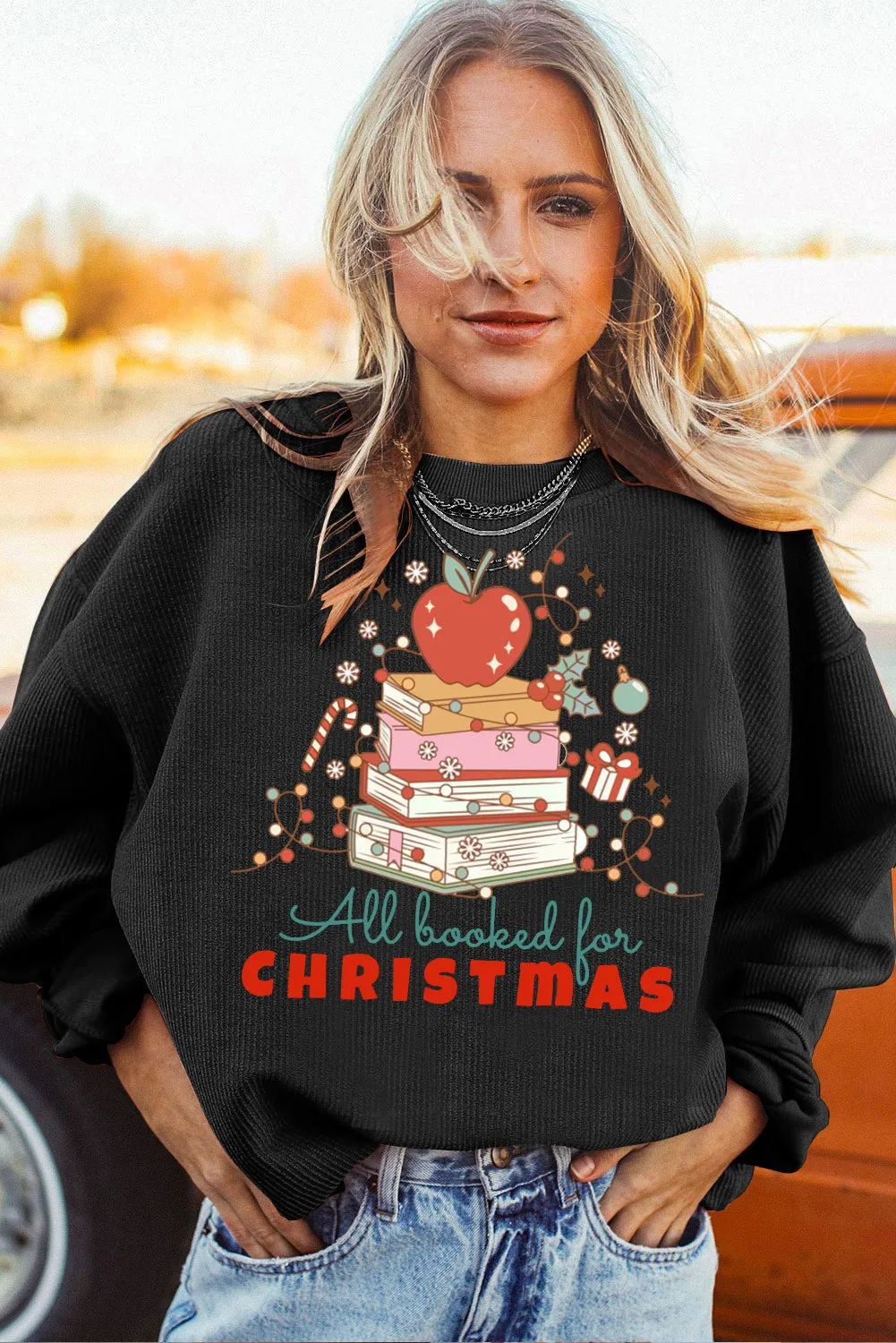 Christmas Crew Neck Apple Gift Pattern Pullover Sweatshirt