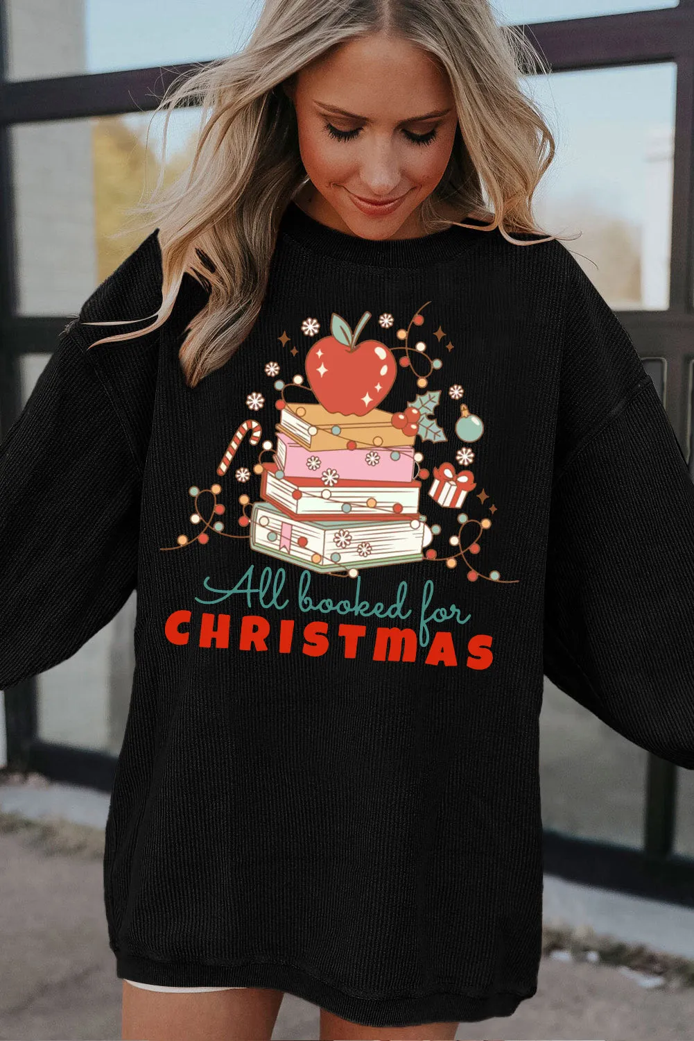 Christmas Crew Neck Apple Gift Pattern Pullover Sweatshirt