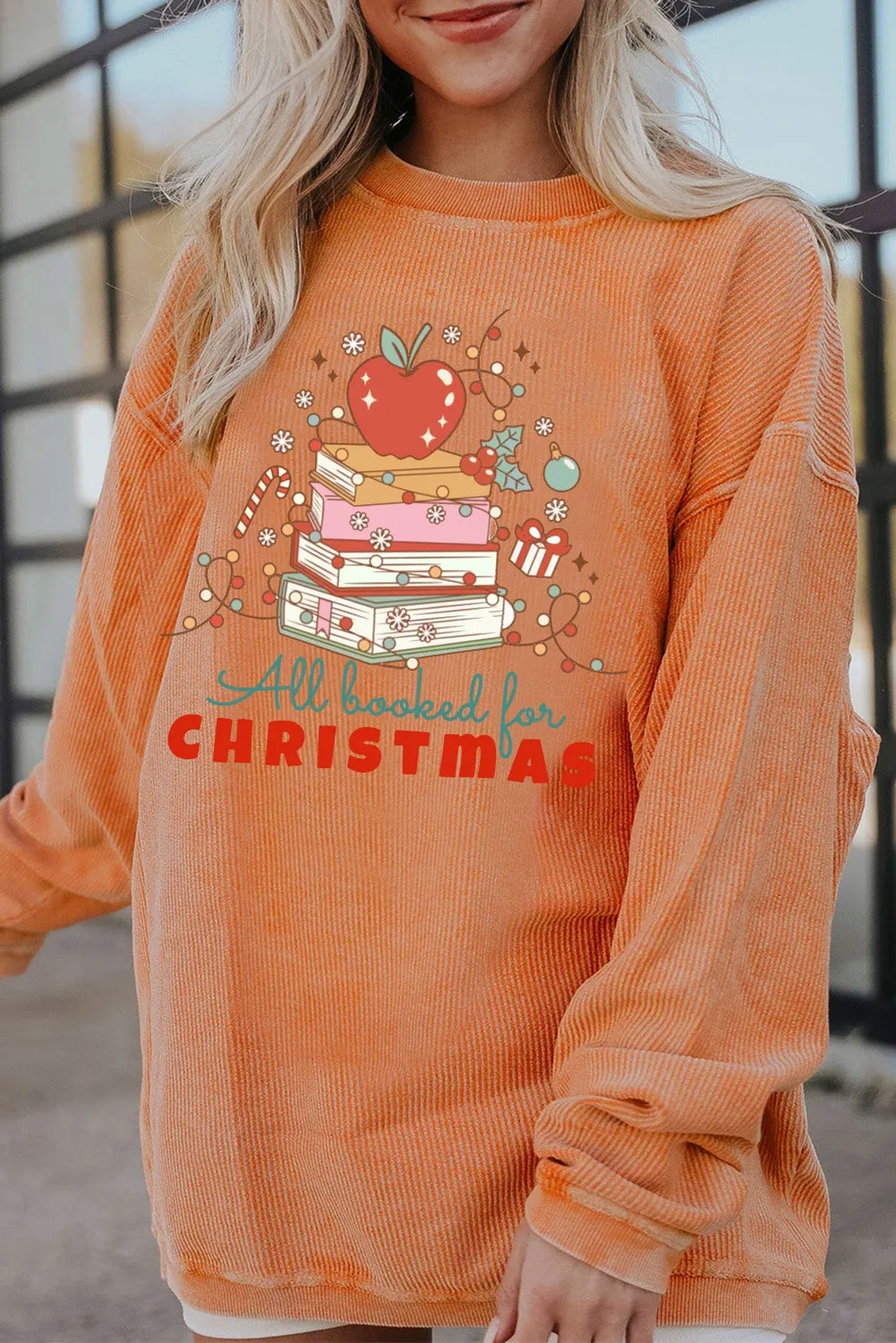 Christmas Crew Neck Apple Gift Pattern Pullover Sweatshirt