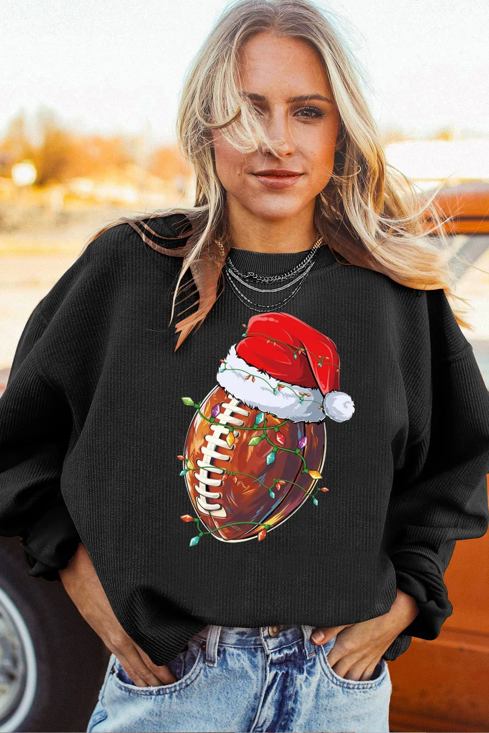 Christmas Round Neck Rugby Pattern Pullover Sweatshirt