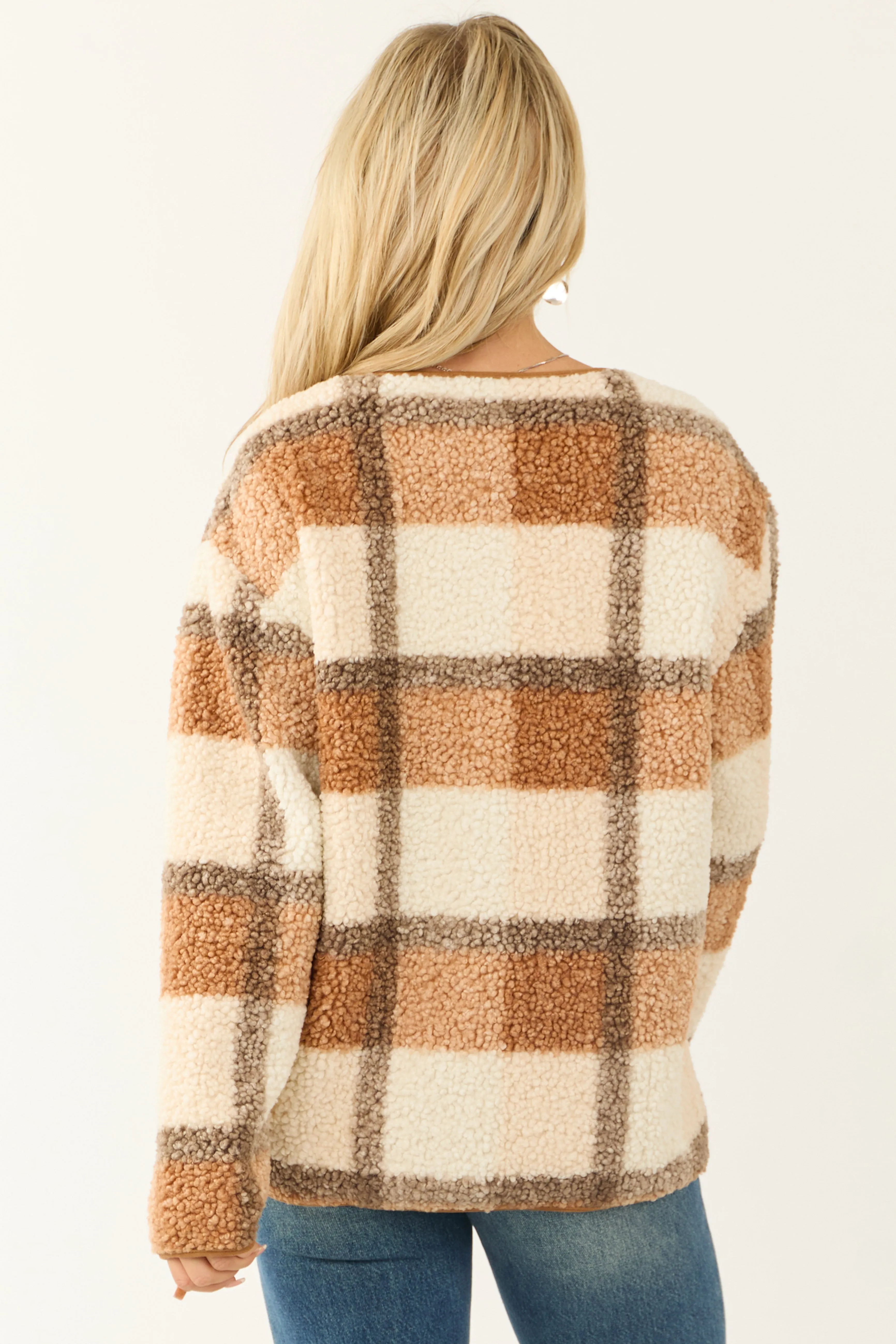 Cognac Plaid Sherpa Snap Button Jacket