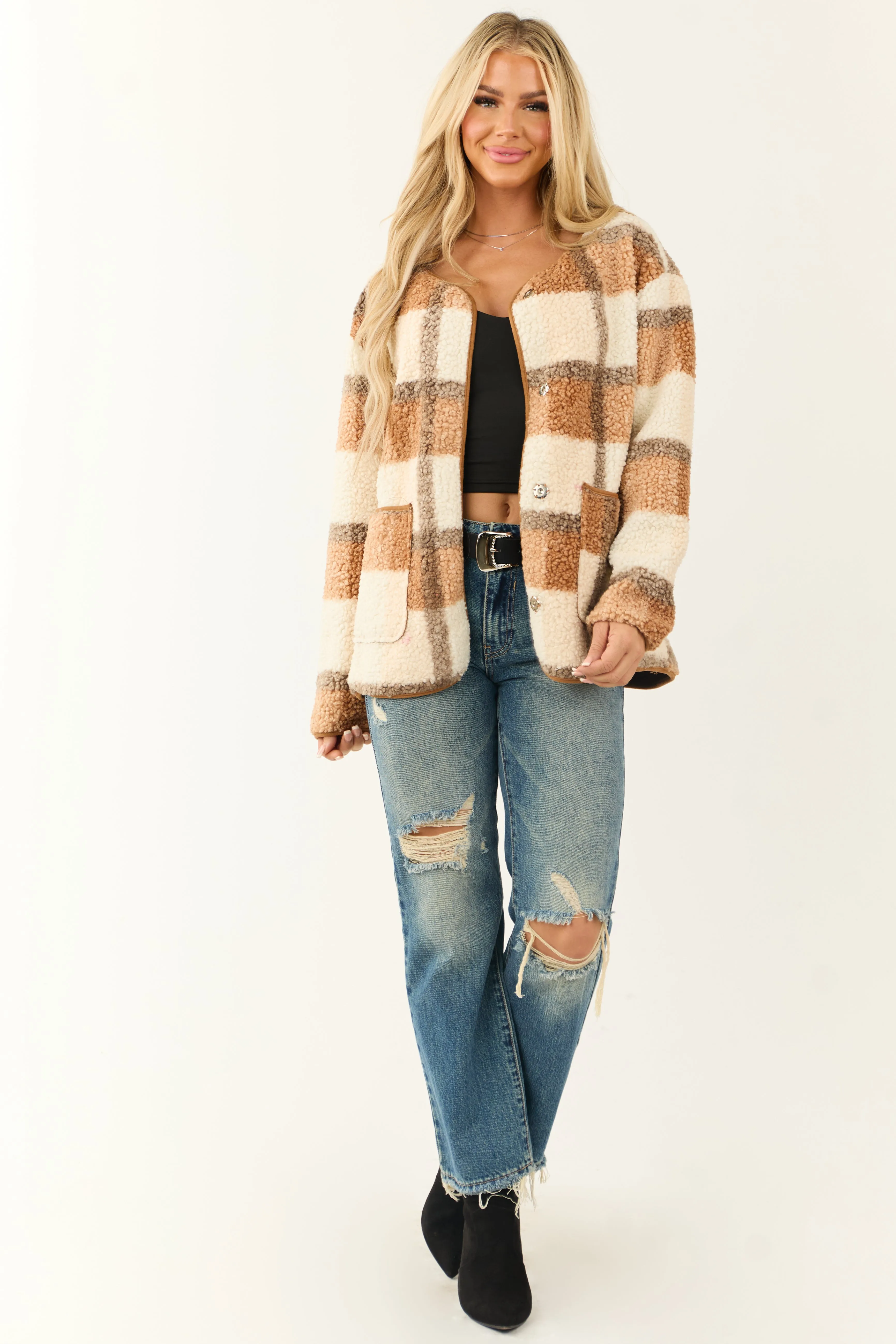 Cognac Plaid Sherpa Snap Button Jacket