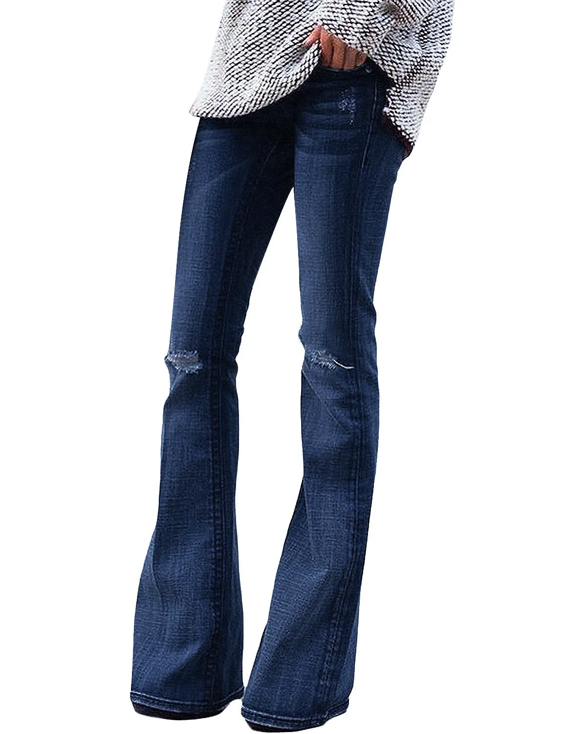 Deep Blue Ripped Knee Flared Denim Jeans