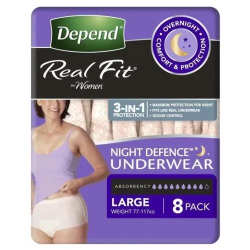 Depend Real Fit Night Defence Incontinence Underwear Women Large 8 Pack