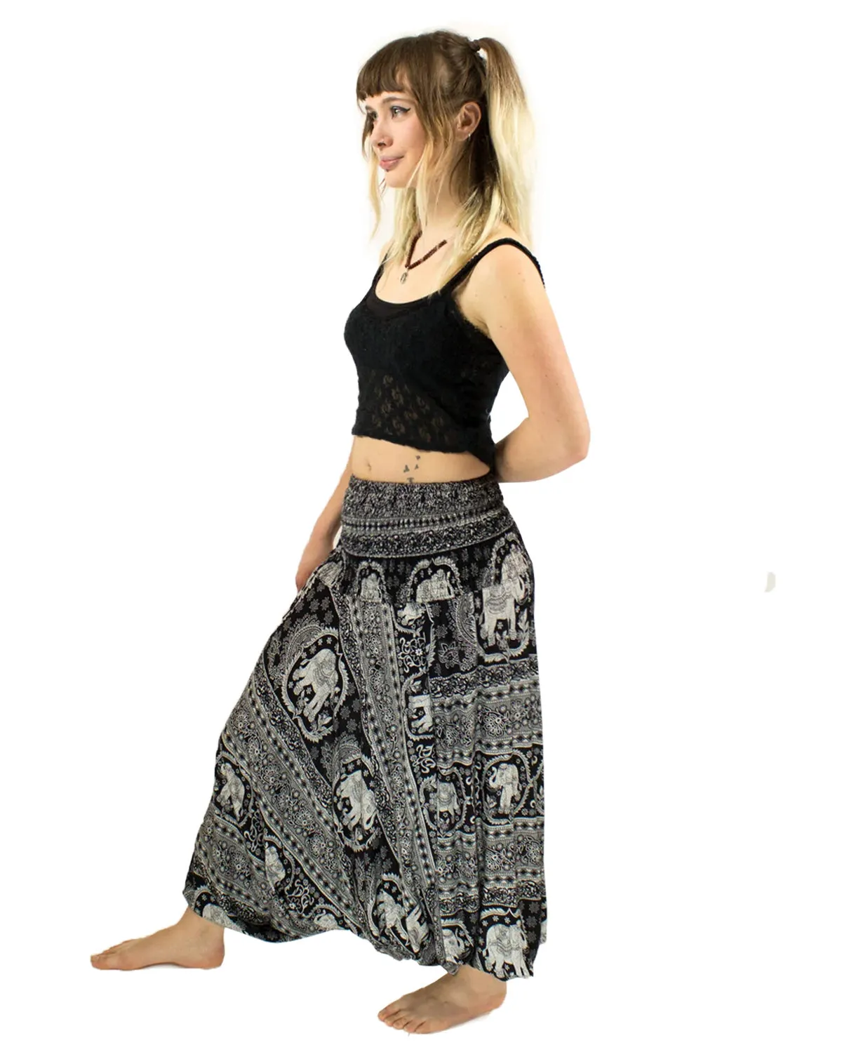 Elephant Print Baggy Harem Pants Black