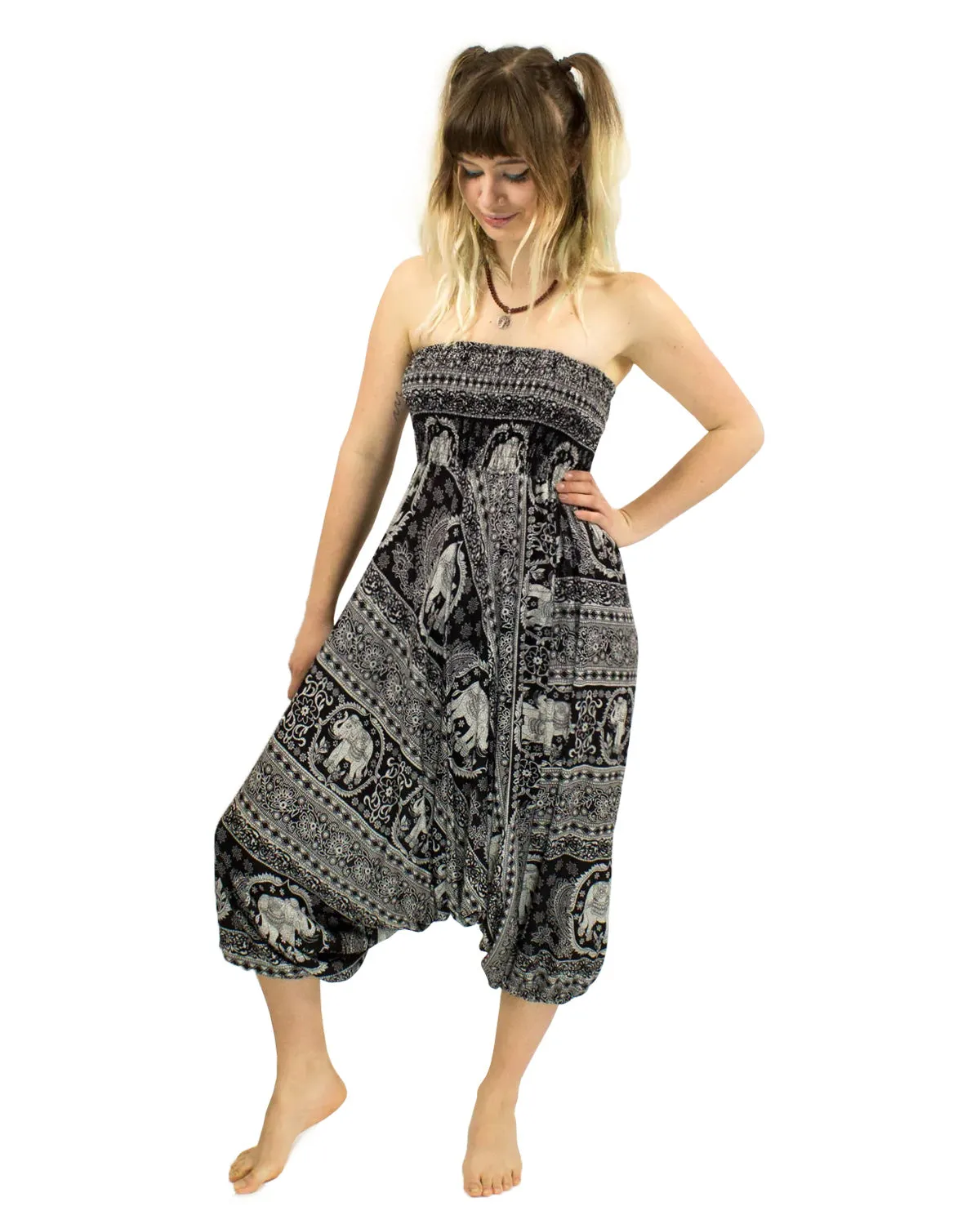 Elephant Print Baggy Harem Pants Black