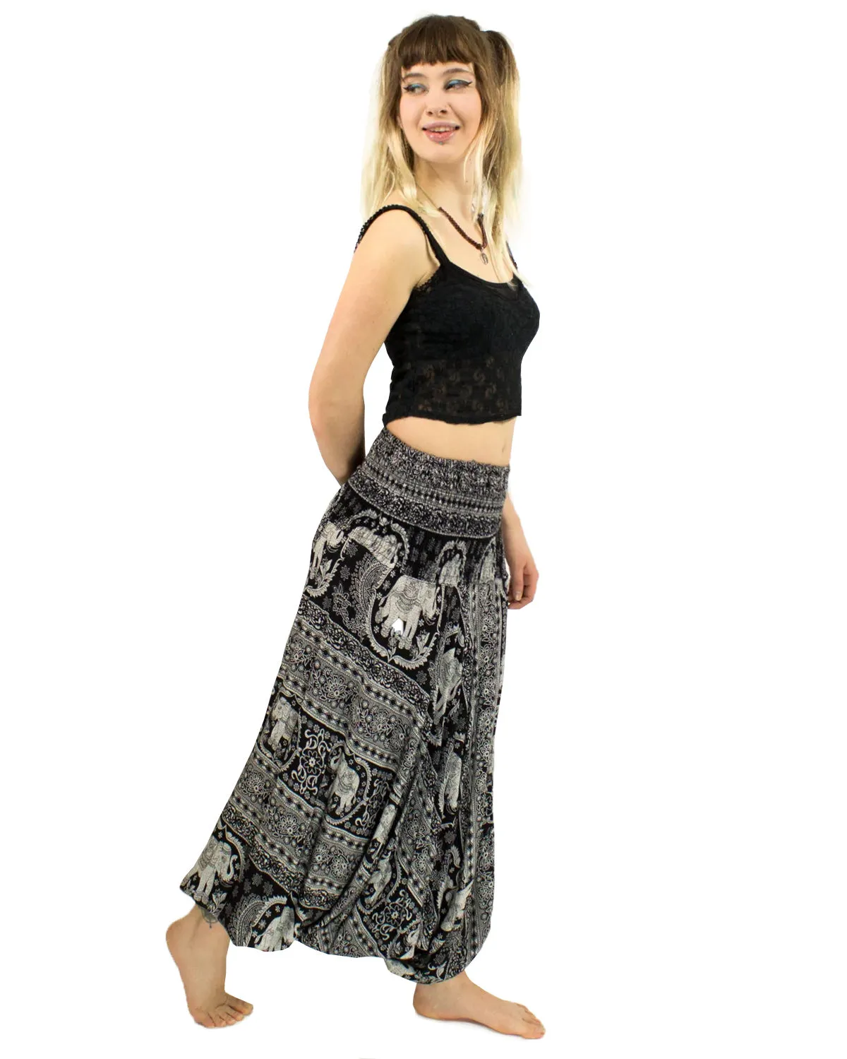 Elephant Print Baggy Harem Pants Black