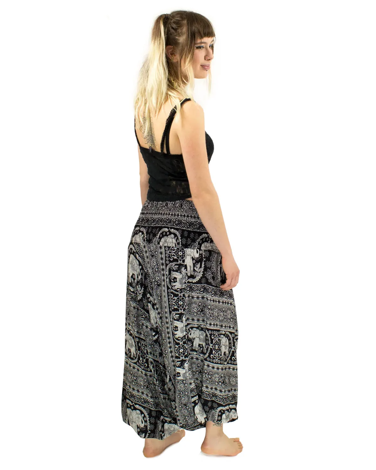 Elephant Print Baggy Harem Pants Black