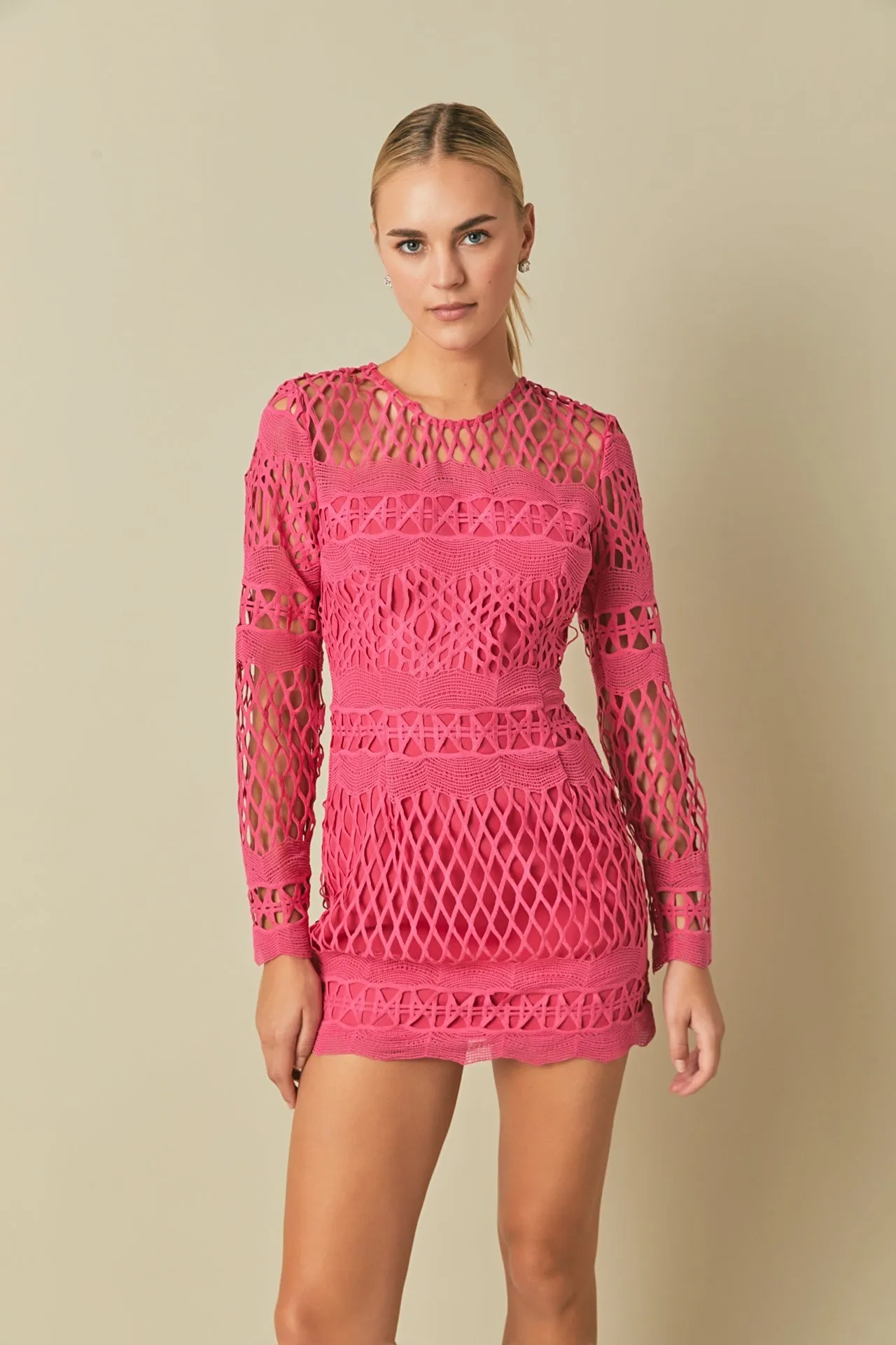 Endless Rose - Long Sleeve Crochet Mini Dress