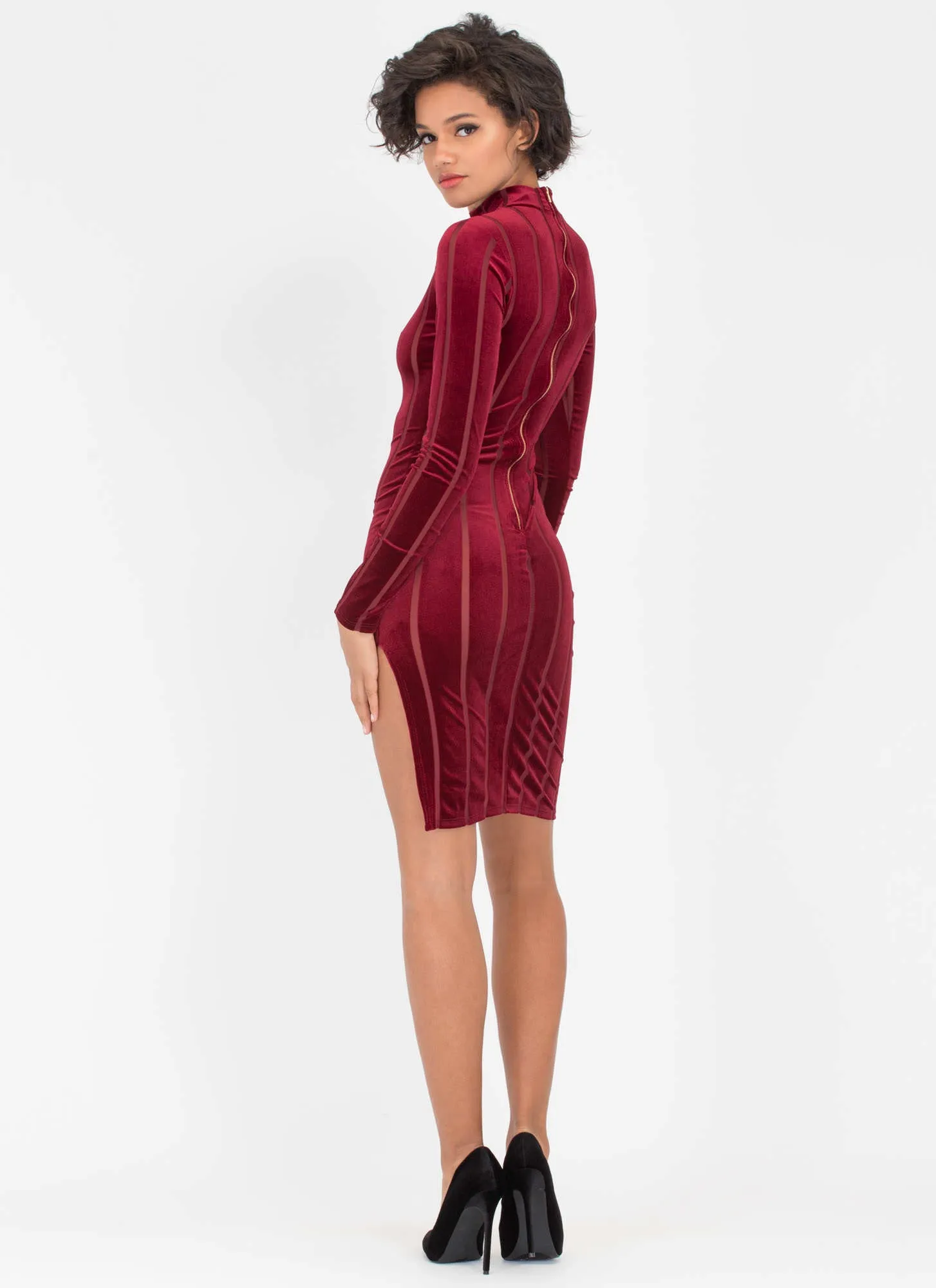 Fall In Line Sheer Velvet Mockneck Dress