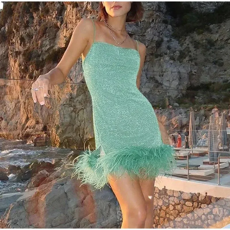 Feather Trim Strapless Sequin Dress for Fashion Shows