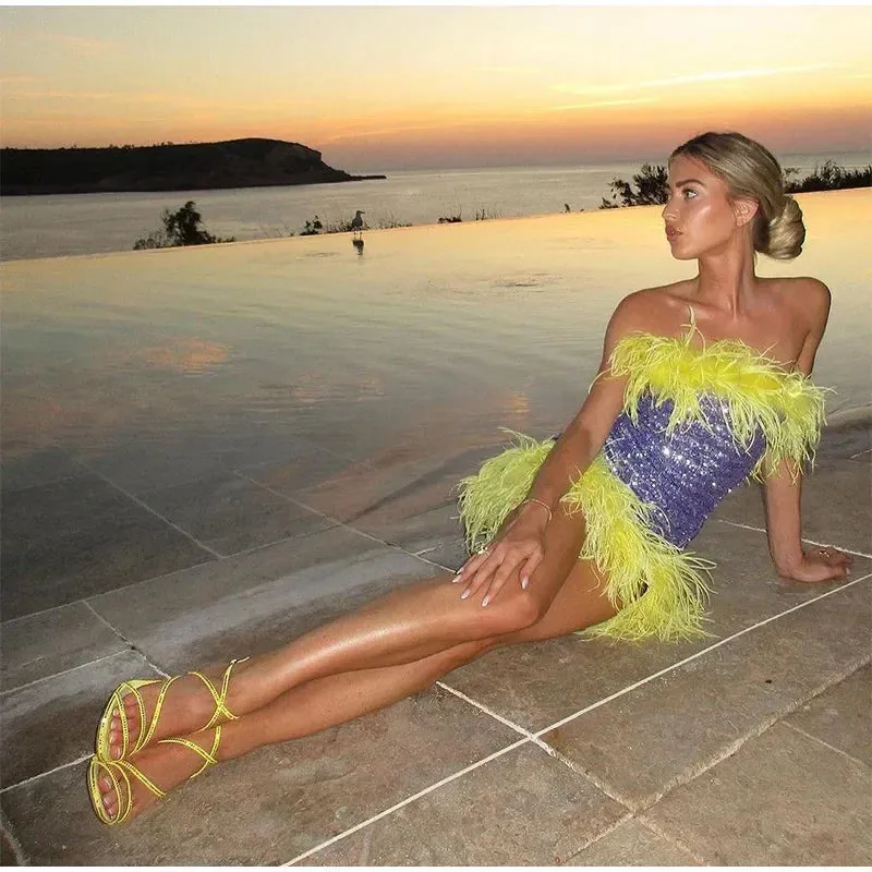 Feather Trim Strapless Sequin Dress for Fashion Shows