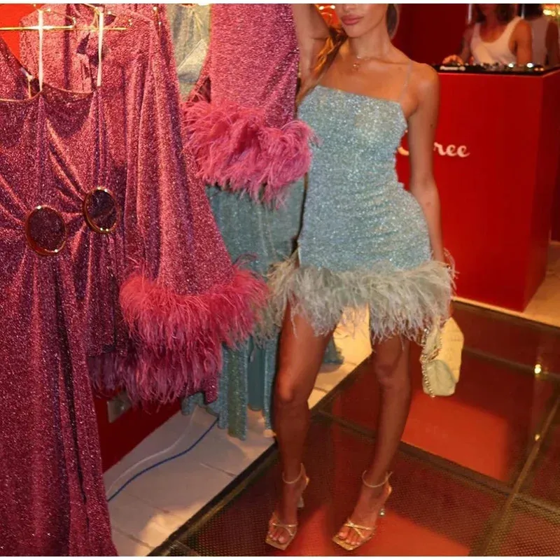 Feather Trim Strapless Sequin Dress for Fashion Shows