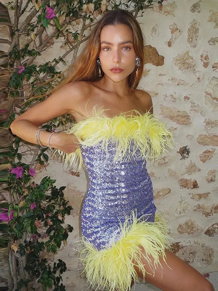 Feather Trim Strapless Sequin Dress for Fashion Shows