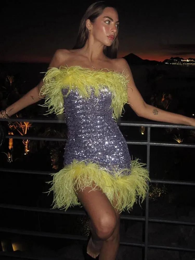 Feather Trim Strapless Sequin Dress for Fashion Shows