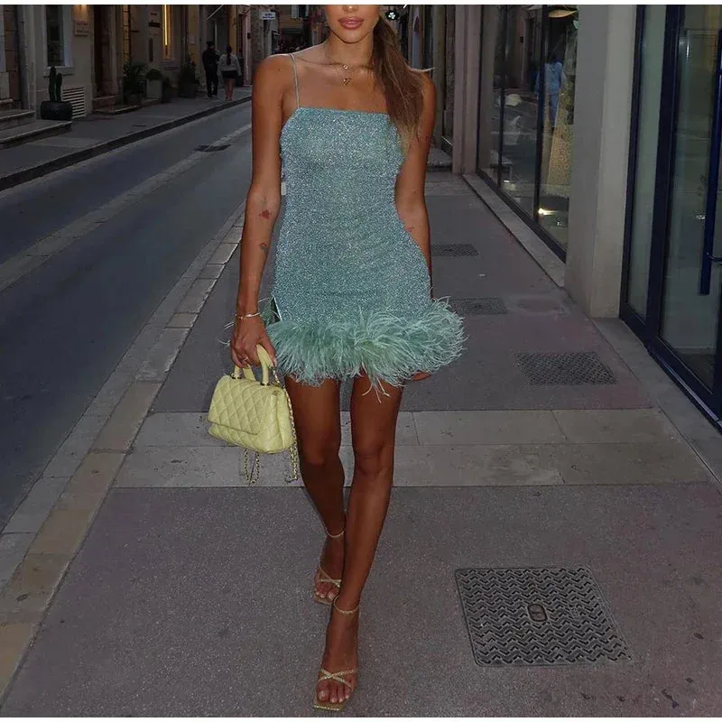 Feather Trim Strapless Sequin Dress for Fashion Shows