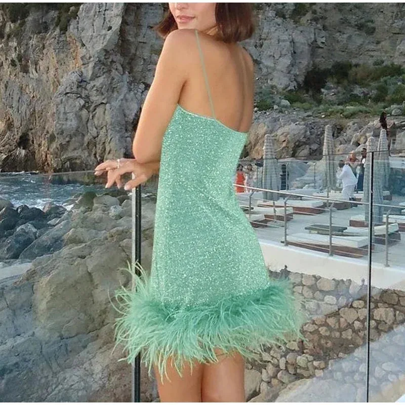 Feather Trim Strapless Sequin Dress for Fashion Shows