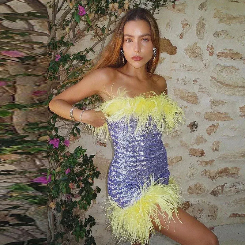 Feather Trim Strapless Sequin Dress for Fashion Shows