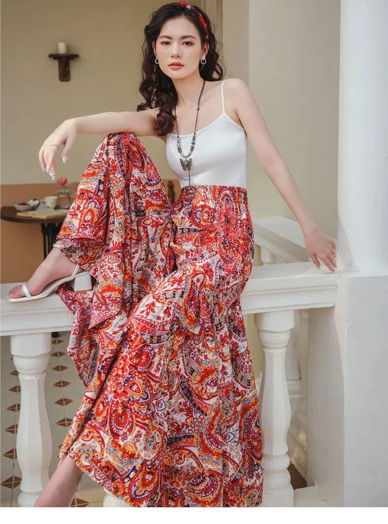 Fee Fee's Boho Floral Print Wide Leg Flare Pants