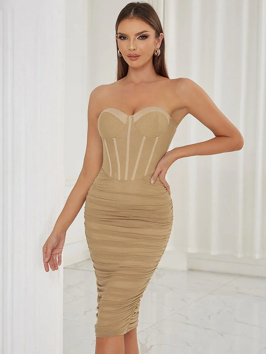 GFIT® Strapless Sleeveless Wrinkled Midi Bodycon Dress