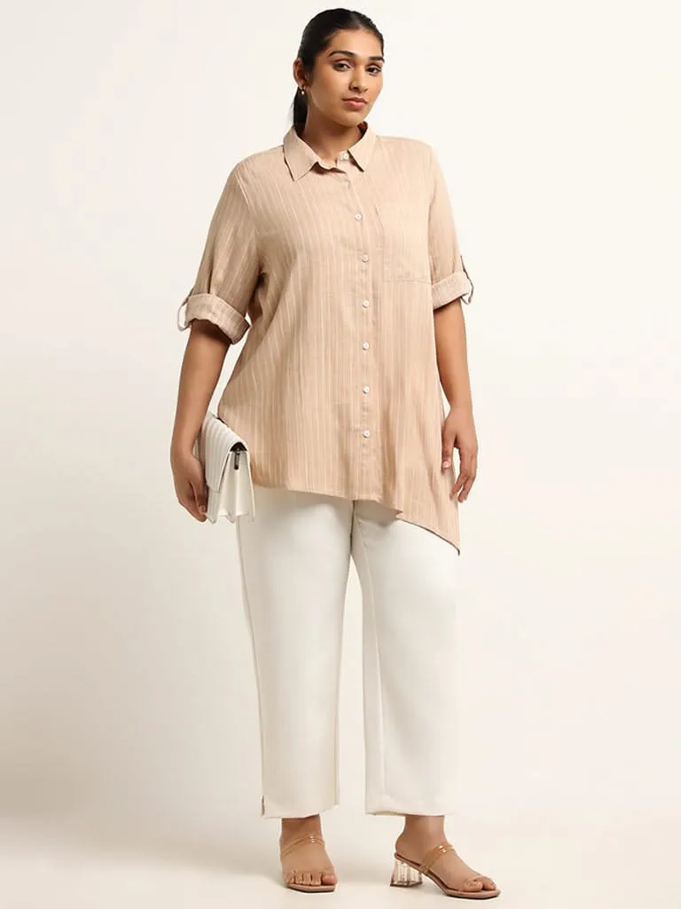 Gia Beige Striped Blended Linen Asymmetric Shirt