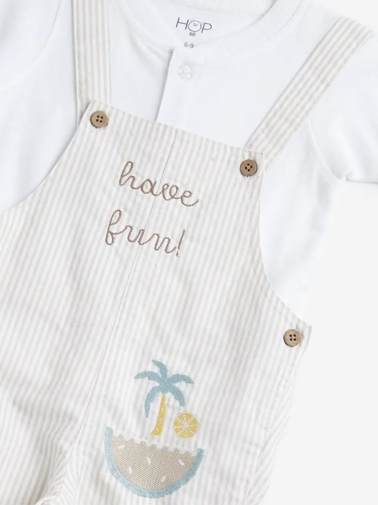 HOP Baby Beige Striped Dungaree with T-Shirt Set