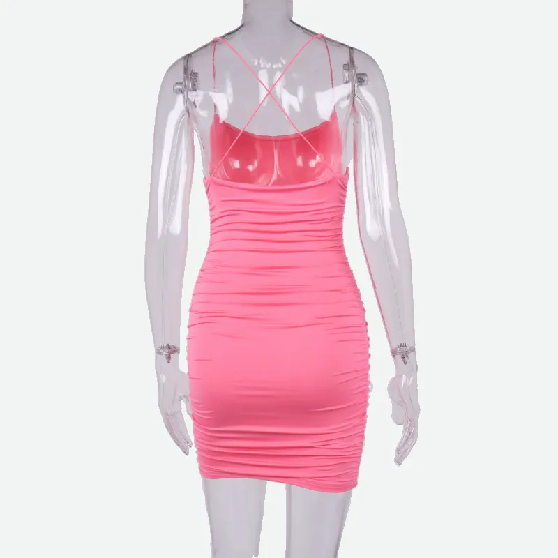 Hot Pink Mini Dress | Mesh Ruched Dress