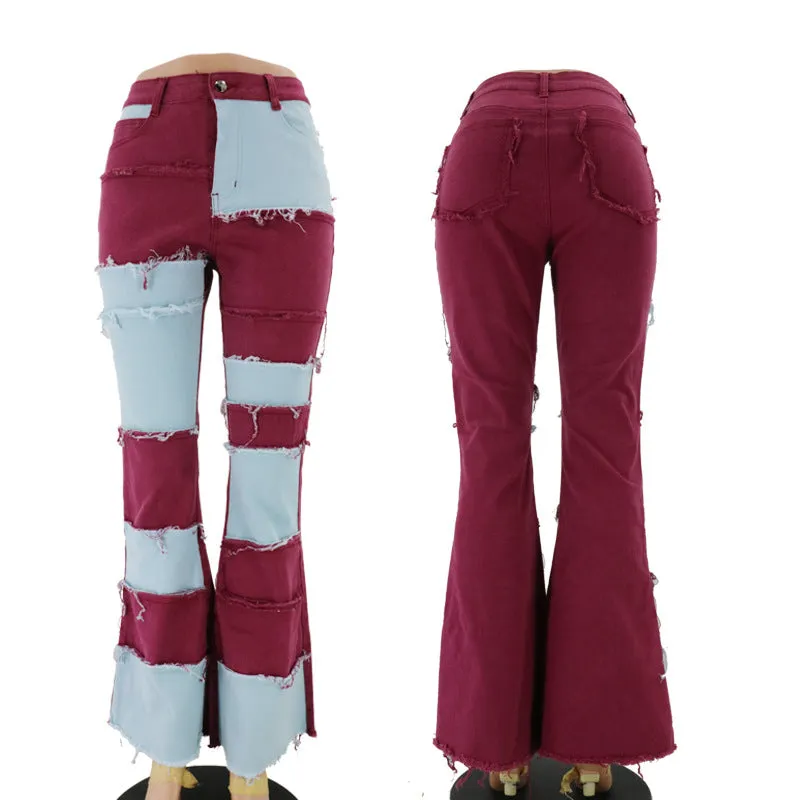 Hot selling stitching flared denim trousers(Only pants)