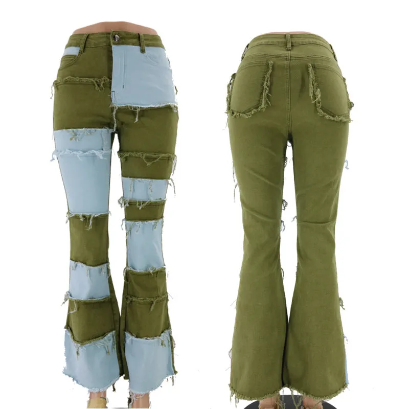 Hot selling stitching flared denim trousers(Only pants)