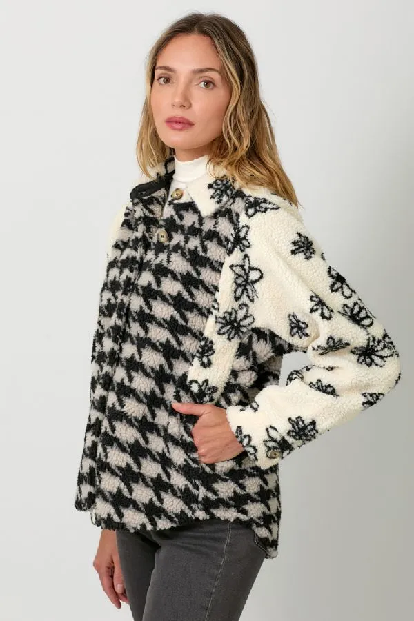 Houndstooth Floral Mix Print Sherpa Jacket