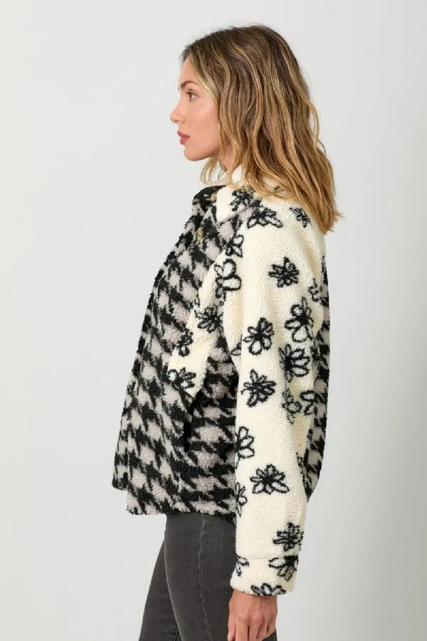 Houndstooth Floral Mix Print Sherpa Jacket