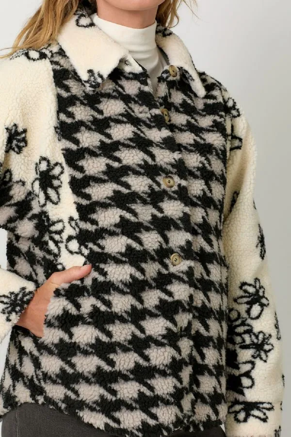 Houndstooth Floral Mix Print Sherpa Jacket