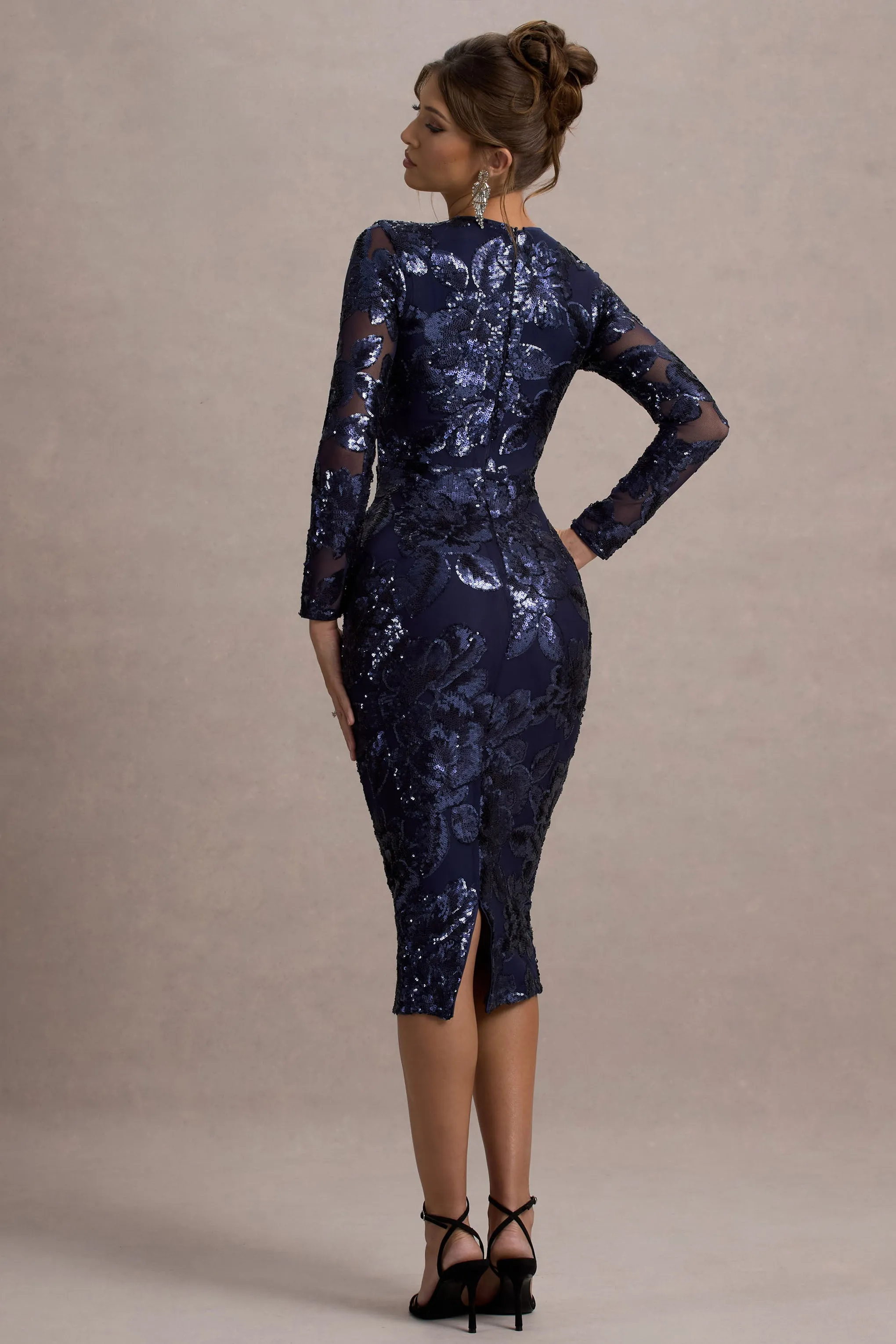 Ishana | Navy Sequin Long-Sleeve Midi Dress