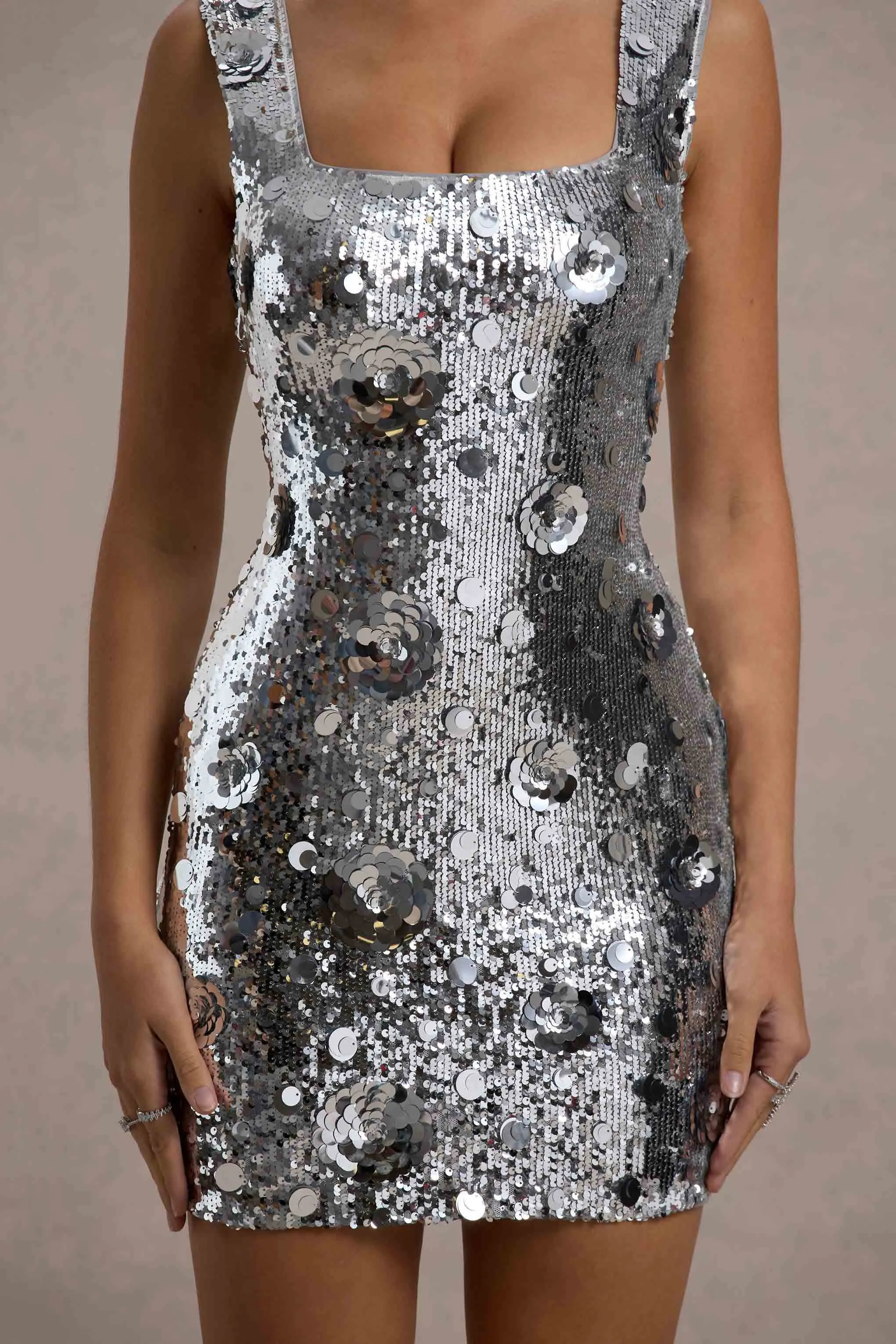 Jasmyn | Silver Sequin Square-Neck Mini Dress