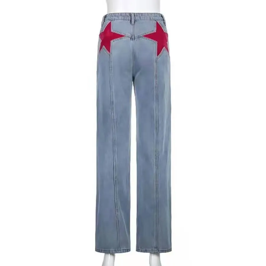 Joskaa 2000s fashion Spring New Retro Mid-Waist Back Five-Corner Contrast Color Trousers Casual Denim Flared Pants