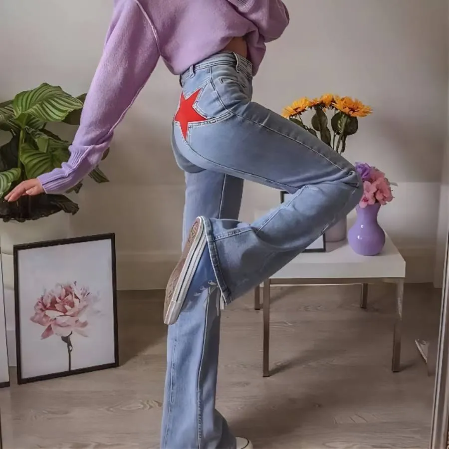 Joskaa 2000s fashion Spring New Retro Mid-Waist Back Five-Corner Contrast Color Trousers Casual Denim Flared Pants