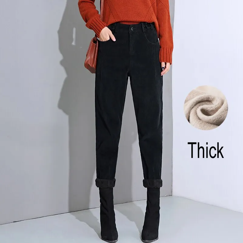 Joskaa Christmas Gift JMPRS Winter High Waist Women Corduroy Harem Pants Plus Size Loose Solid Casual Button Pant Women Velvet Warm Ladies Trousers