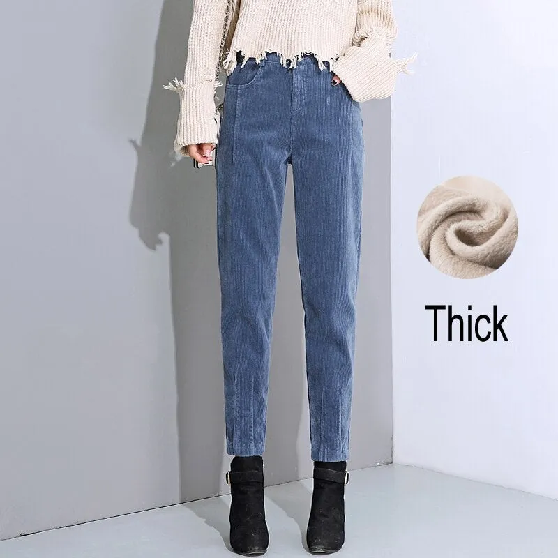 Joskaa Christmas Gift JMPRS Winter High Waist Women Corduroy Harem Pants Plus Size Loose Solid Casual Button Pant Women Velvet Warm Ladies Trousers